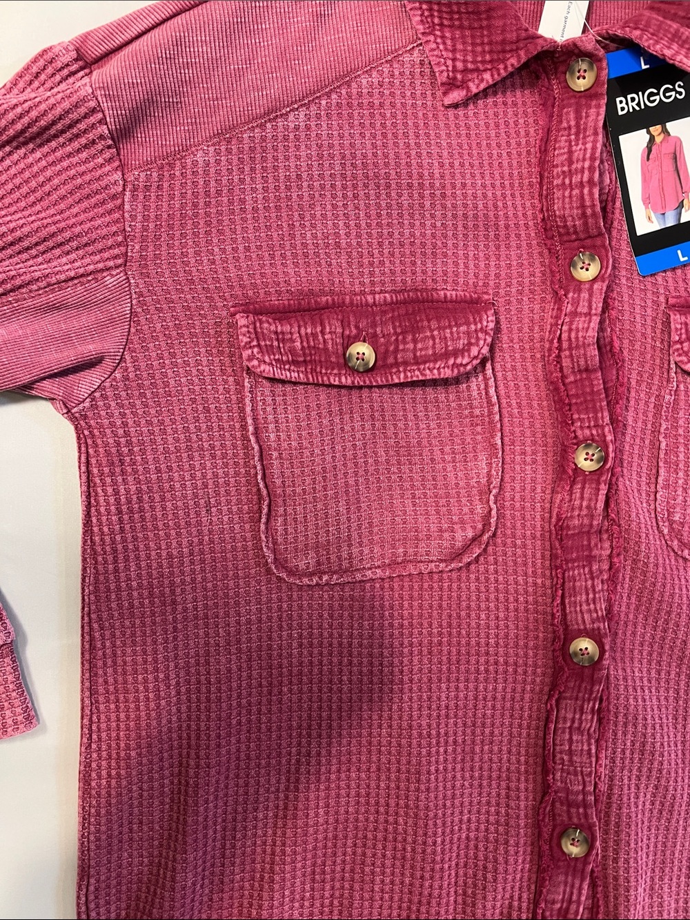 Briggs New York Raspberry Red Waffle Knit Button-Front Shirt Size L - Picture 4 of 11